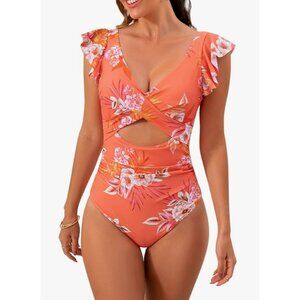 Womens Med Floral One Piece Swimsuit Ruffle Sleeves & Cutout Design V Neck Wrap